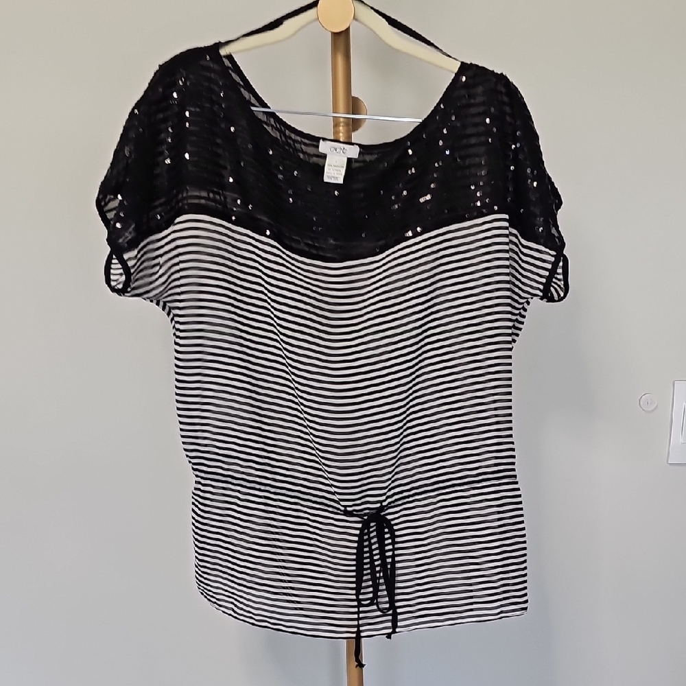 Cache Black and White‎ Striped Sequin Blouse